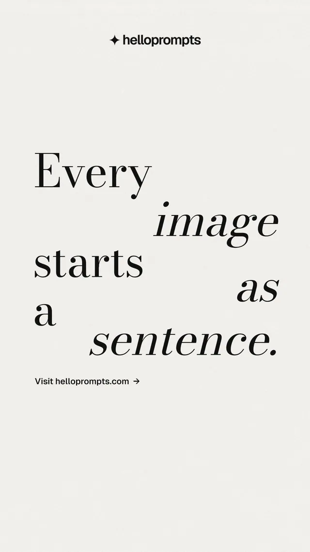 Instagram story for HelloPrompts: "Every image starts as a sentence." Minimal luxury style, stacked layout, light palette in white.