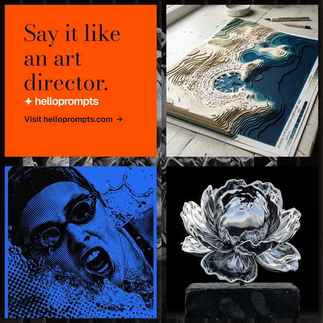 Instagram post for HelloPrompts: "Say it like an art director." Minimal luxury style, collage layout, dark palette in black, blue, grey.