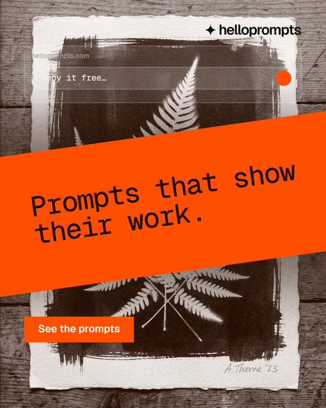 Instagram portrait post for HelloPrompts: "Prompts that show their work." Swiss style, diagonal layout, dark palette in orange, grey, white.