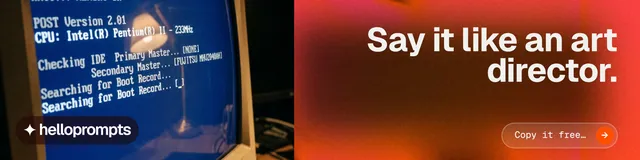 LinkedIn banner for HelloPrompts: "Say it like an art director." Agentic glass style, right layout, dark palette in blue, orange, red.
