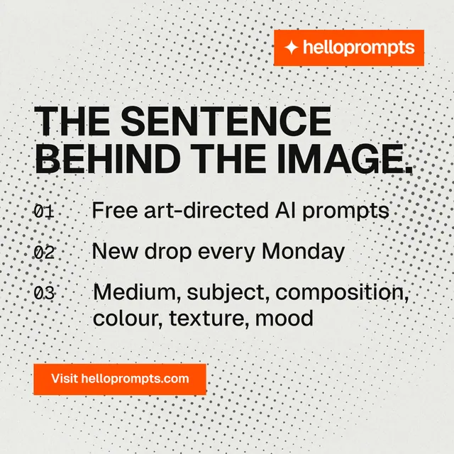 Instagram post for HelloPrompts: "The sentence behind the image." Swiss style, numbered layout, light palette in white, orange.