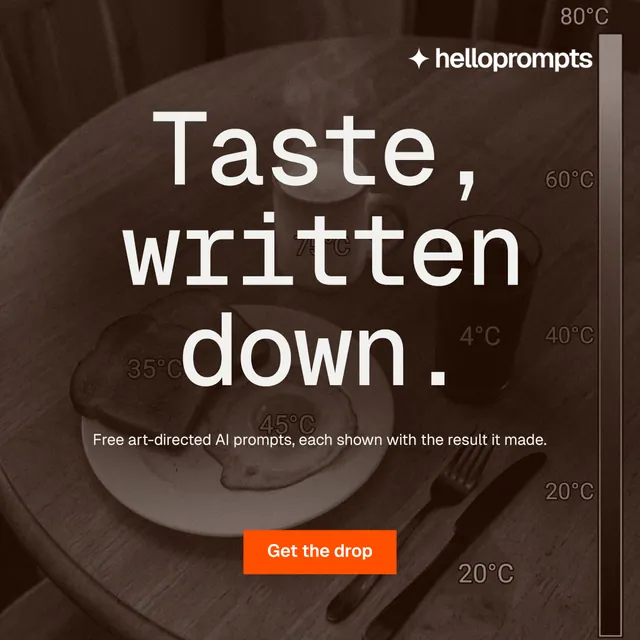 Instagram post for HelloPrompts: "Taste, written down." Swiss style, centred layout, dark palette in orange, black, grey.