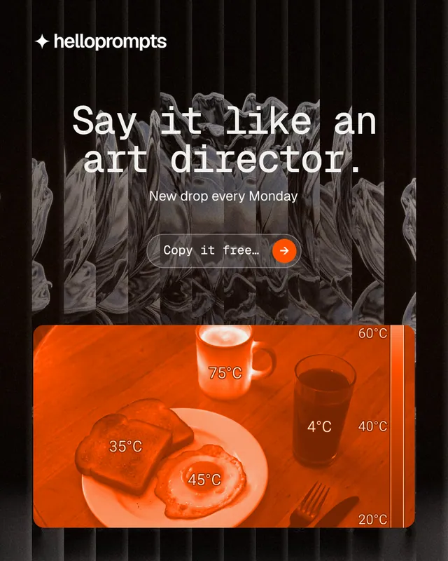Instagram portrait post for HelloPrompts: "Say it like an art director." Agentic glass style, centred layout, dark palette in black, brown, orange.
