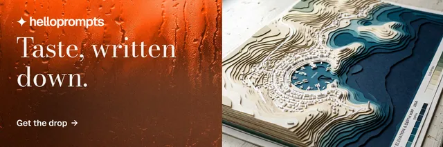 X header for HelloPrompts: "Taste, written down." Minimal luxury style, bottom layout, dark palette in orange, black, brown.