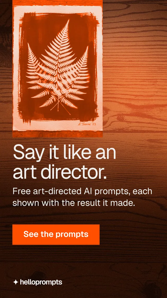 Instagram story for HelloPrompts: "Say it like an art director." Swiss style, skeleton layout, dark palette in black, orange, brown.