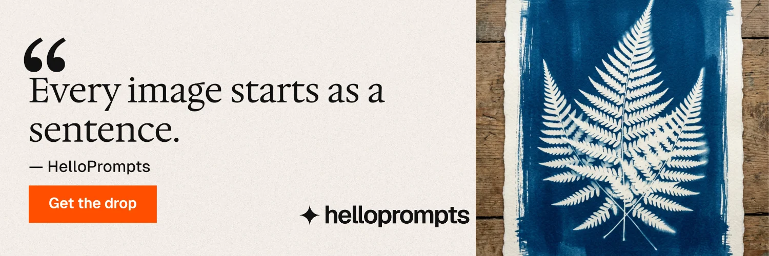 X header for HelloPrompts: "The sentence behind the image." Swiss style, quote layout, light palette in white, blue, grey.