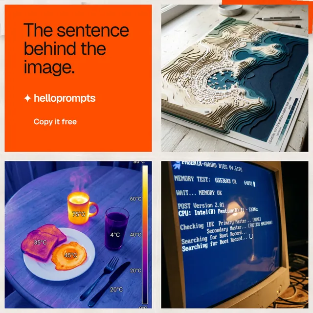 Instagram post for HelloPrompts: "The sentence behind the image." Swiss style, collage layout, light palette in blue, orange, grey.