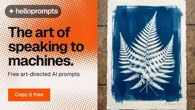 Landscape graphic for HelloPrompts: "The art of speaking to machines." Split block style, bottom layout, light palette in brown, blue, grey.