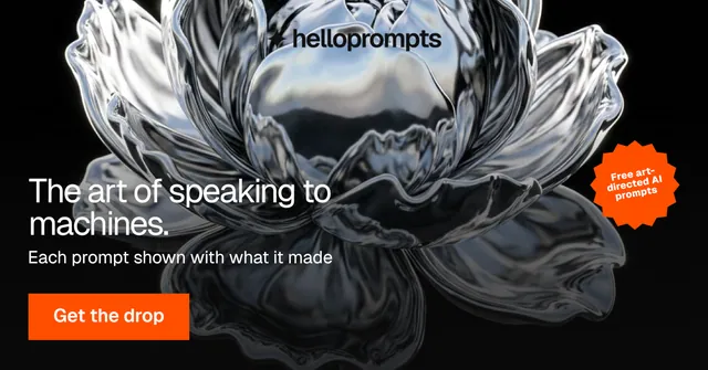 Social ad for HelloPrompts: "The art of speaking to machines." Swiss style, sticker layout, dark palette in grey, black.