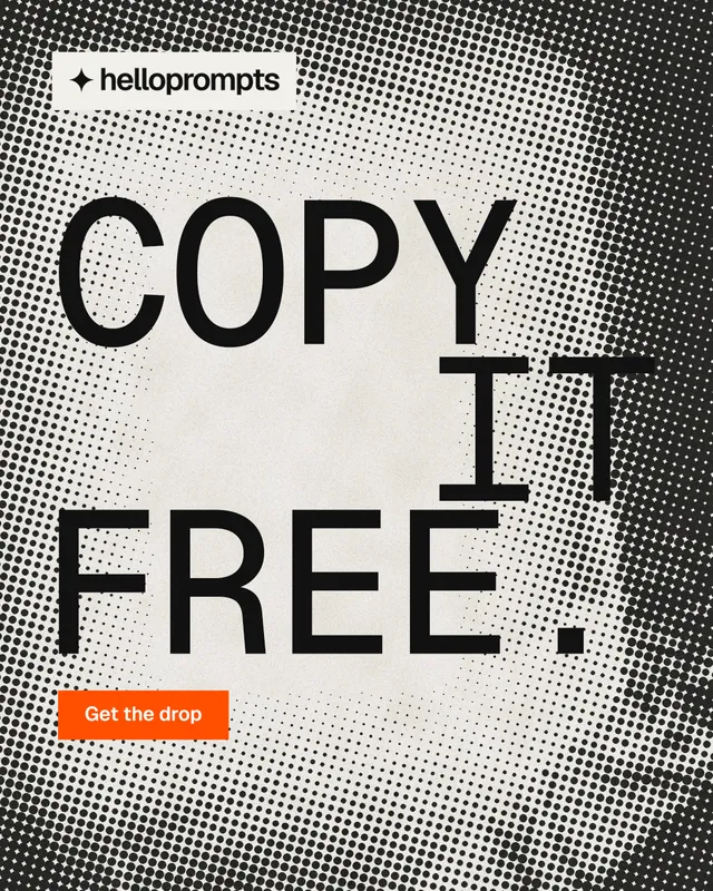 Instagram portrait post for HelloPrompts: "Copy it free." Retro print style, stacked layout, light palette in black, grey, yellow.