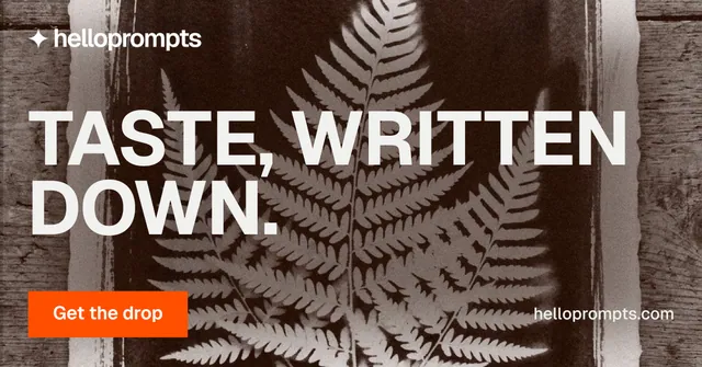 Social ad for HelloPrompts: "Taste, written down." Swiss style, poster layout, dark palette in grey, black, orange.