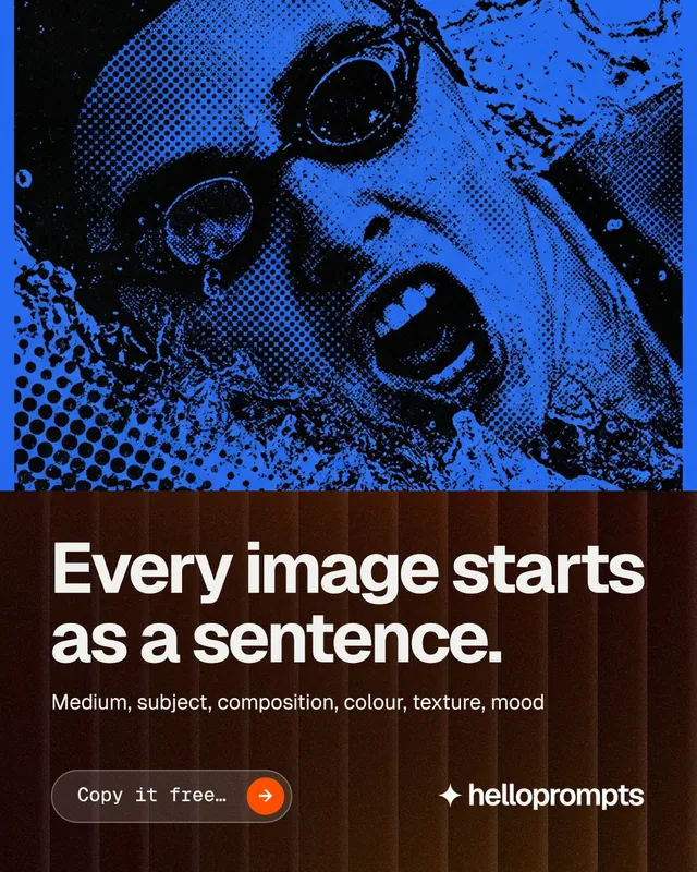 Instagram portrait post for HelloPrompts: "Every image starts as a sentence." Agentic glass style, bottom layout, dark palette in black, blue.