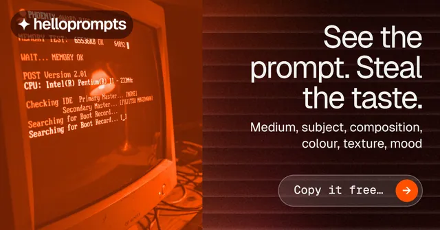 Social ad for HelloPrompts: "See the prompt. Steal the taste." Agentic glass style, right layout, dark palette in black, orange, red.