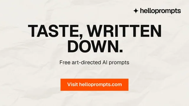 Landscape graphic for HelloPrompts: "Taste, written down." Swiss style, centred layout, light palette in yellow, white, orange.
