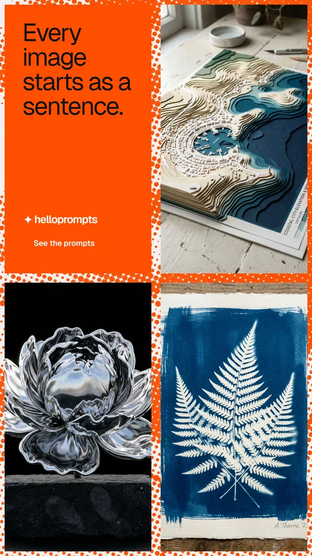 Instagram story for HelloPrompts: "Every image starts as a sentence." Swiss style, collage layout, dark palette in blue, orange, grey.