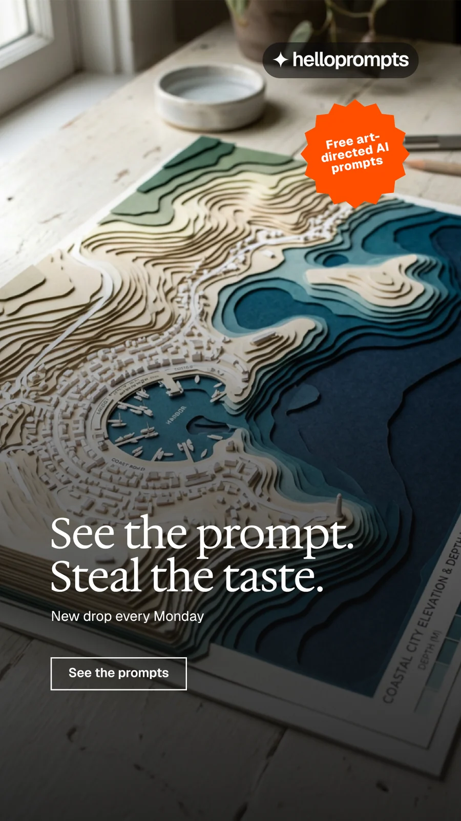 Instagram story for HelloPrompts: "See the prompt. Steal the taste." Editorial style, sticker layout, dark palette in black, grey, white.
