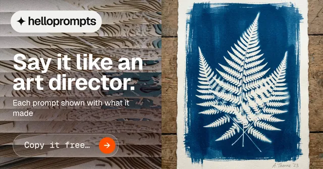 Social ad for HelloPrompts: "Say it like an art director." Agentic glass style, bottom layout, light palette in grey, blue, white.