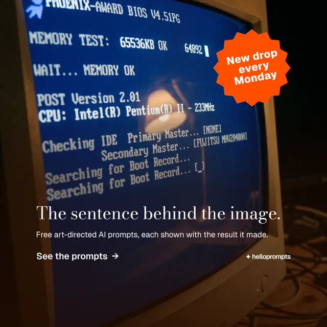 Instagram post for HelloPrompts: "The sentence behind the image." Minimal luxury style, sticker layout, dark palette in black, blue, grey.
