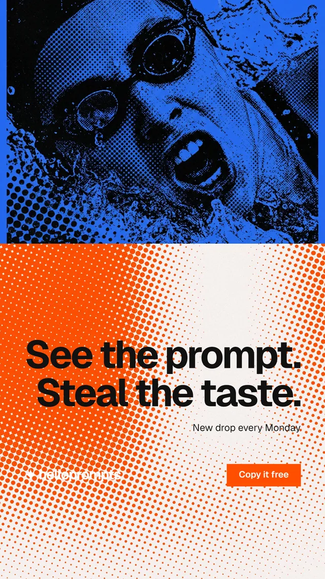 Instagram story for HelloPrompts: "See the prompt. Steal the taste." Swiss style, right layout, light palette in orange, blue, red.
