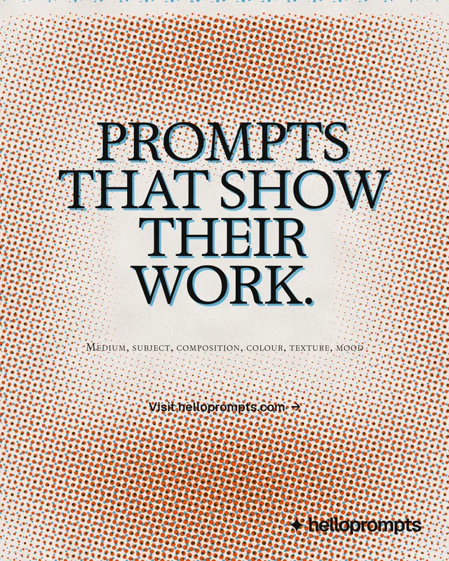 Instagram portrait post for HelloPrompts: "Prompts that show their work." Brutalist style, smallcaps layout, light palette in orange.