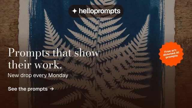 Landscape graphic for HelloPrompts: "Prompts that show their work." Minimal luxury style, sticker layout, dark palette in orange, black, grey.