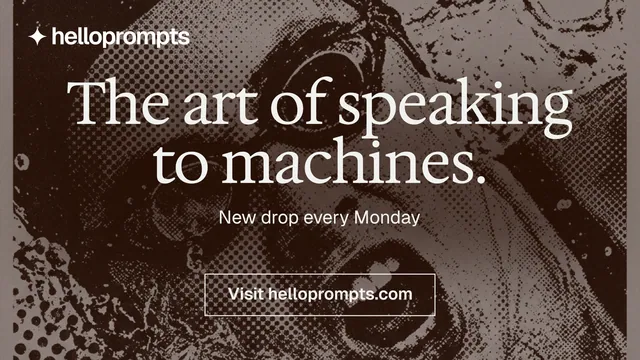 Landscape graphic for HelloPrompts: "The art of speaking to machines." Editorial style, centred layout, dark palette in black, orange, grey.