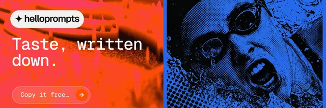 X header for HelloPrompts: "Taste, written down." Agentic glass style, bottom layout, dark palette in red, black, purple.