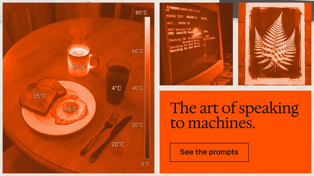 Landscape graphic for HelloPrompts: "The art of speaking to machines." Editorial style, collage layout, dark palette in orange.