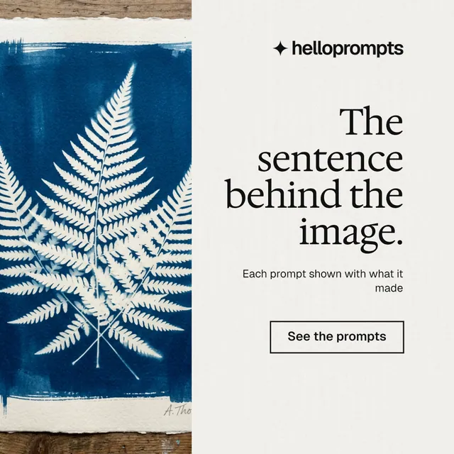 Instagram post for HelloPrompts: "The sentence behind the image." Editorial style, right layout, light palette in white, grey, blue.
