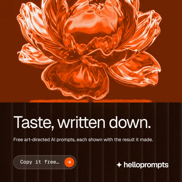 Instagram post for HelloPrompts: "Taste, written down." Agentic glass style, bottom layout, dark palette in orange, black.