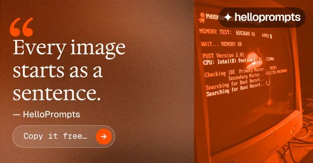 Social ad for HelloPrompts: "The art of speaking to machines." Agentic glass style, quote layout, dark palette in orange, brown.