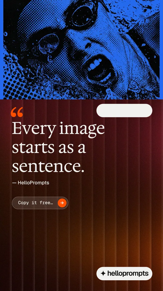 Instagram story for HelloPrompts: "The sentence behind the image." Agentic glass style, quote layout, dark palette in red, black, blue.