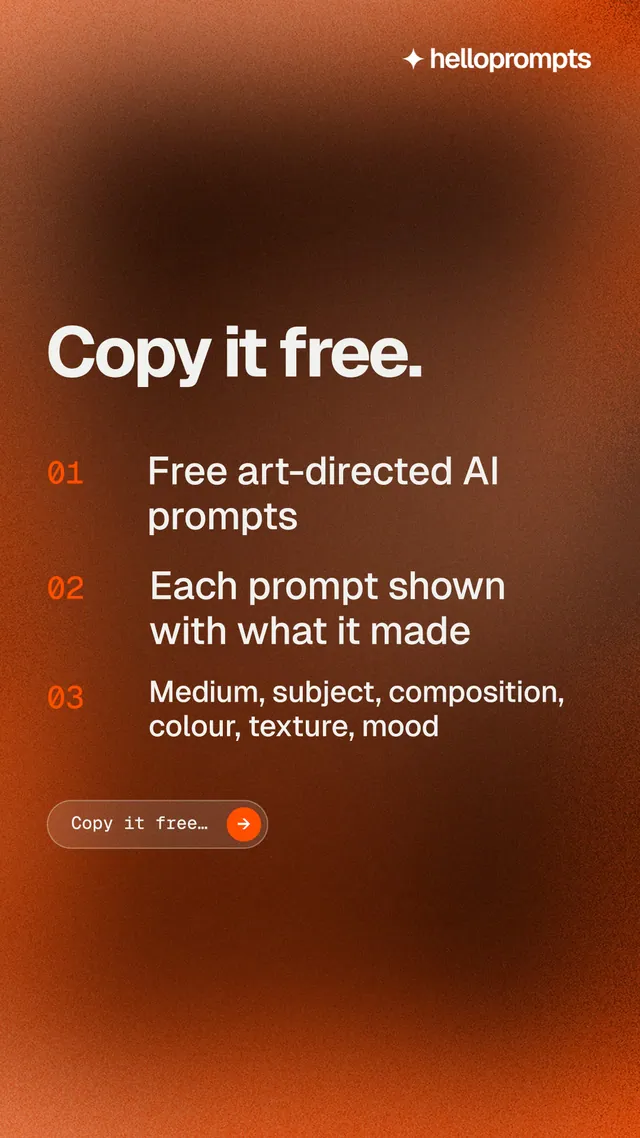 Instagram story for HelloPrompts: "Copy it free." Agentic glass style, numbered layout, dark palette in orange, brown.