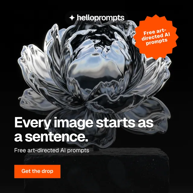 Instagram post for HelloPrompts: "Every image starts as a sentence." Swiss style, sticker layout, dark palette in black, orange, grey.