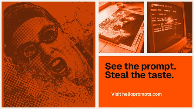 Landscape graphic for HelloPrompts: "See the prompt. Steal the taste." Swiss style, collage layout, dark palette in orange.