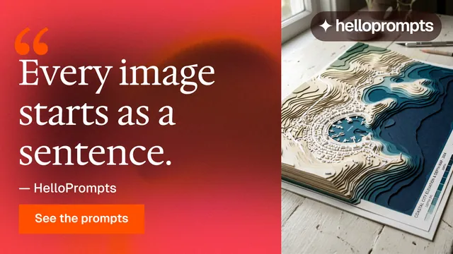 Landscape graphic for HelloPrompts: "Say it like an art director." Swiss style, quote layout, dark palette in red, grey.