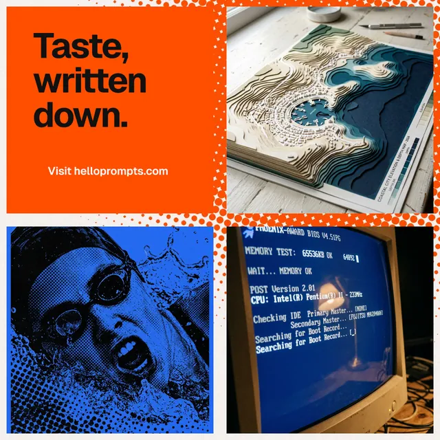 Instagram post for HelloPrompts: "Taste, written down." Split block style, collage layout, dark palette in blue, red, white.