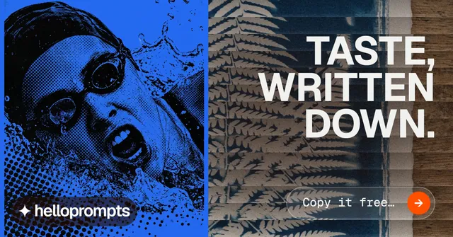 Social ad for HelloPrompts: "Taste, written down." Agentic glass style, right layout, dark palette in blue, black, grey.