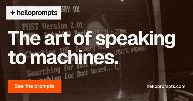 Social ad for HelloPrompts: "The art of speaking to machines." Swiss style, poster layout, dark palette in orange, black.