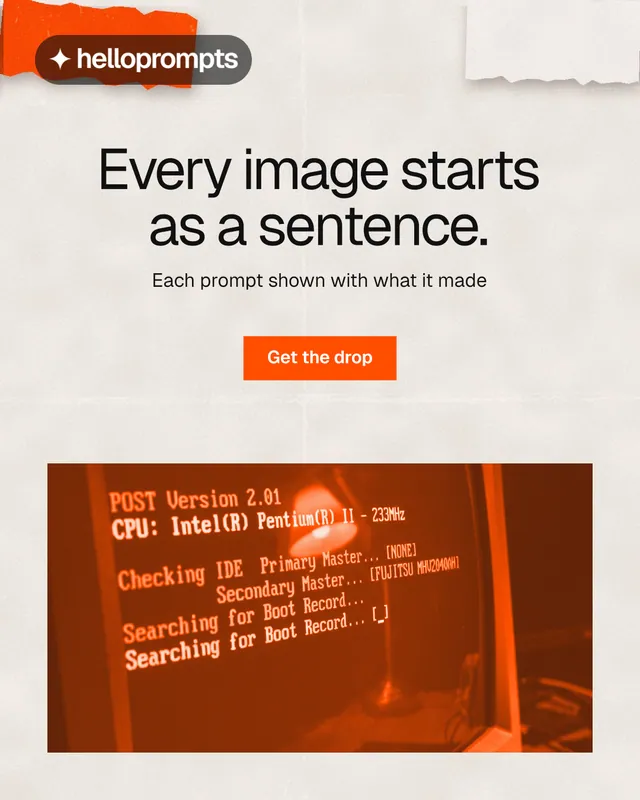 Instagram portrait post for HelloPrompts: "Every image starts as a sentence." Swiss style, centred layout, light palette in orange.