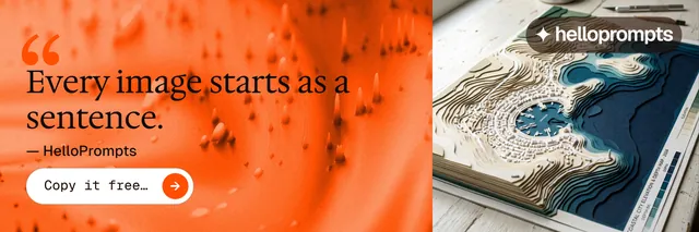 X header for HelloPrompts: "Prompts that show their work." Agentic glass style, quote layout, light palette in orange, white.