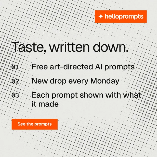 Instagram post for HelloPrompts: "Taste, written down." Swiss style, numbered layout, light palette in white, orange.