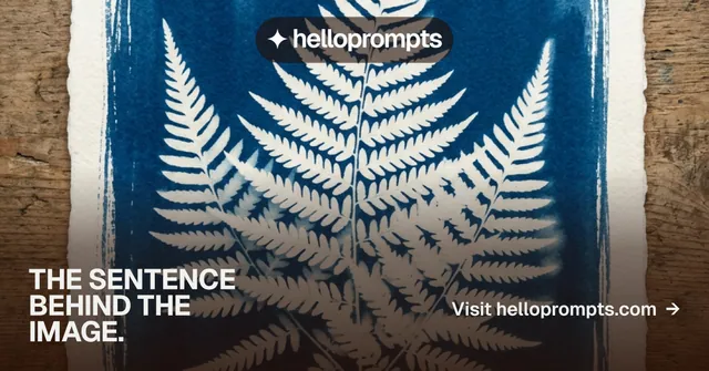 Social ad for HelloPrompts: "The sentence behind the image." Swiss style, image led layout, dark palette in blue, grey, black.
