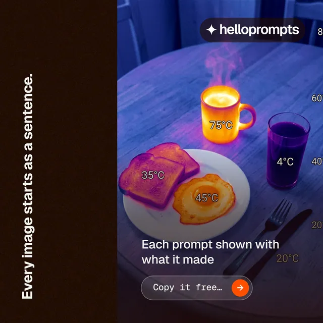 Instagram post for HelloPrompts: "Every image starts as a sentence." Agentic glass style, vertical layout, dark palette in black, grey, purple.
