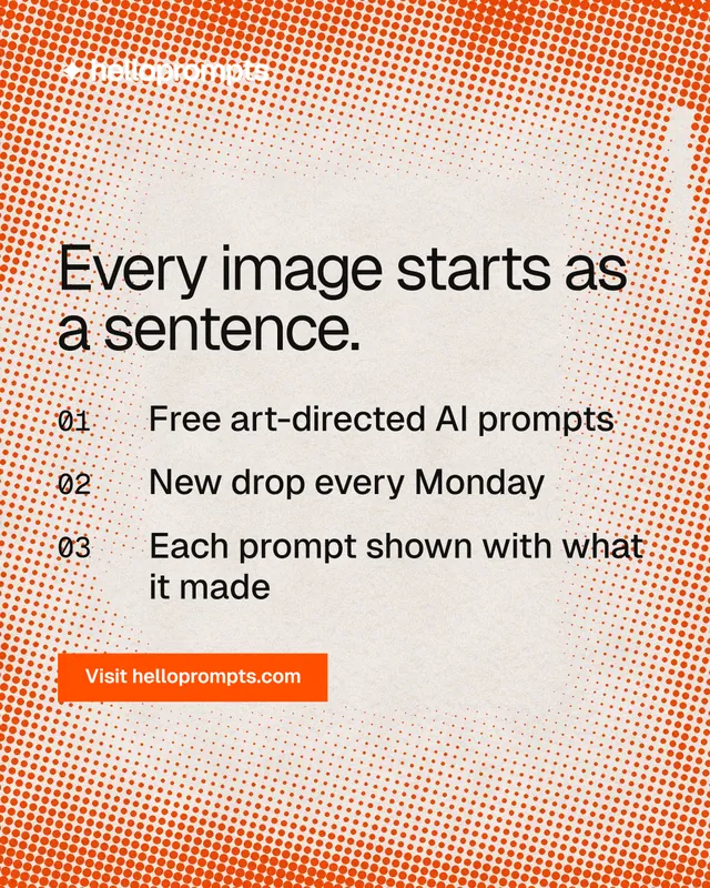 Instagram portrait post for HelloPrompts: "Every image starts as a sentence." Retro print style, numbered layout, light palette in orange.