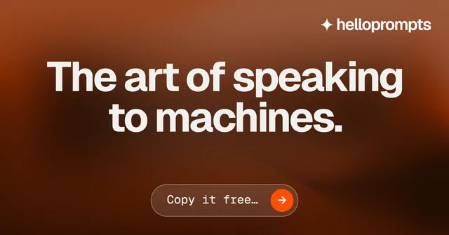 Social ad for HelloPrompts: "The art of speaking to machines." Agentic glass style, centred layout, dark palette in orange, brown.