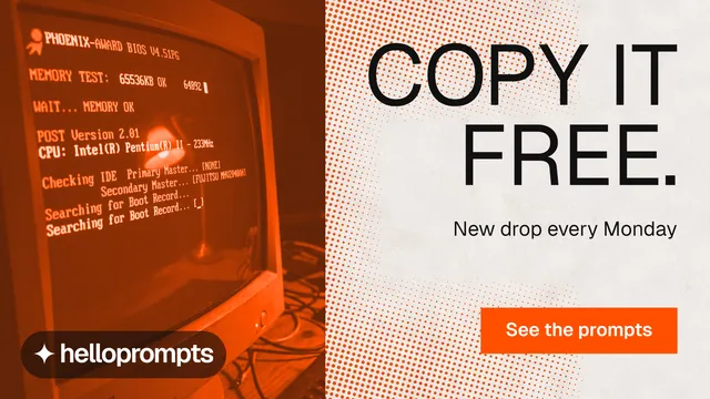 Landscape graphic for HelloPrompts: "Copy it free." Retro print style, right layout, light palette in orange, white.