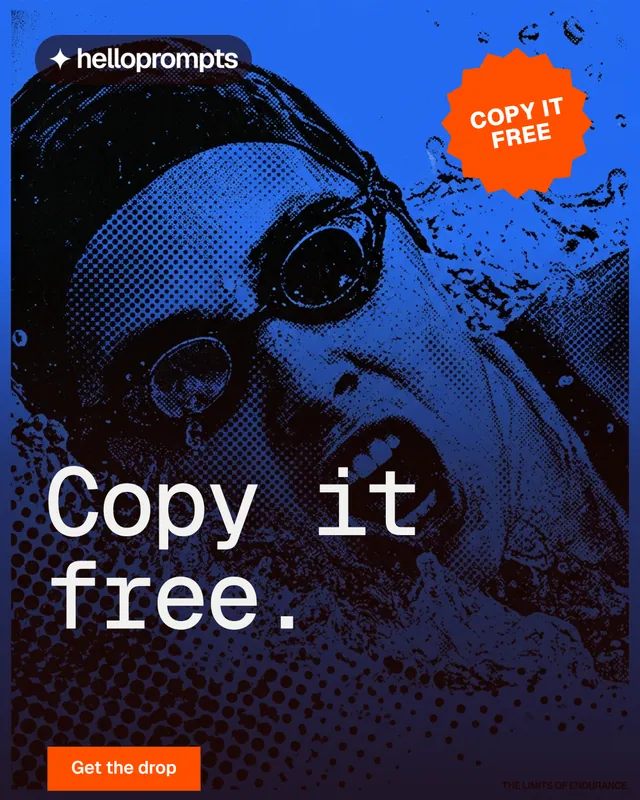 Instagram portrait post for HelloPrompts: "Copy it free." Swiss style, sticker layout, dark palette in purple, black, blue.