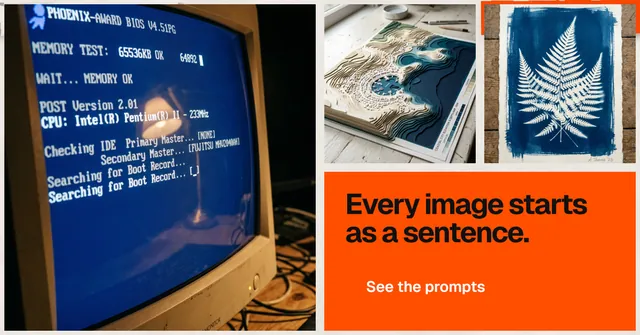 Social ad for HelloPrompts: "Every image starts as a sentence." Swiss style, collage layout, dark palette in blue, brown, grey.