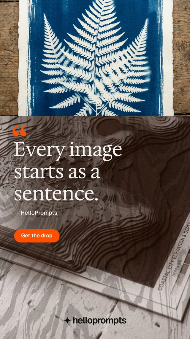 Instagram story for HelloPrompts: "Say it like an art director." Photo poster style, quote layout, dark palette in blue, grey, orange.